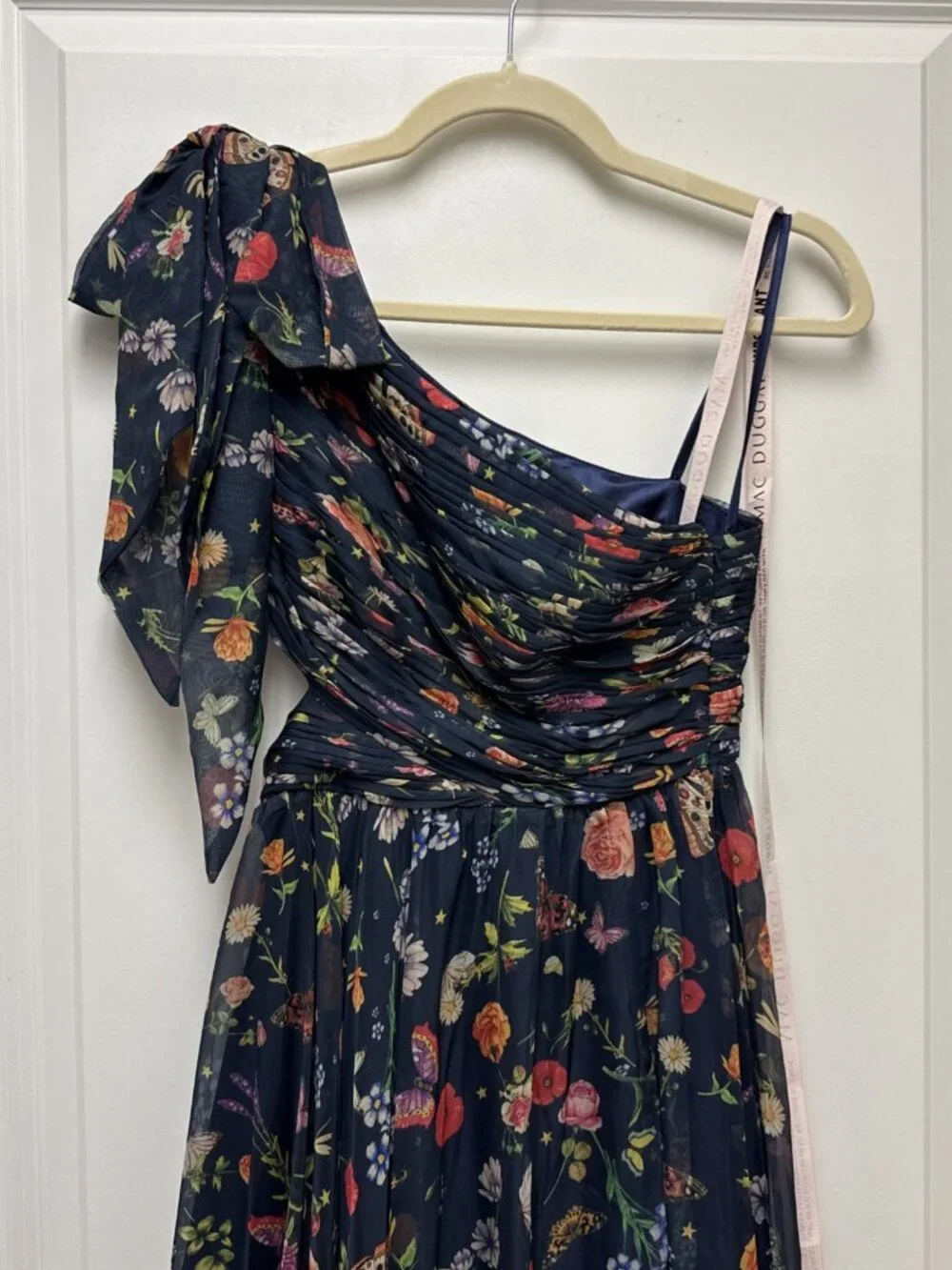 MAC DUGGAL Size 0 Navy 67938 Floral Tied One Shoulder Cut-Out Flowy Gown Dress - Picture 8 of 14